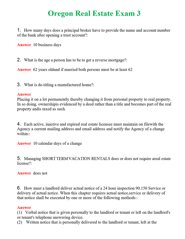 Oregon Real Estate Exam 3 Questions With Complete Grade A+ Answers