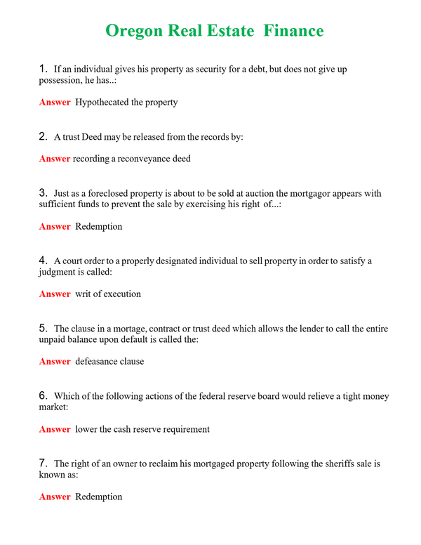Oregon Real Estate Finance Questions With Complete Grade A+ Answers