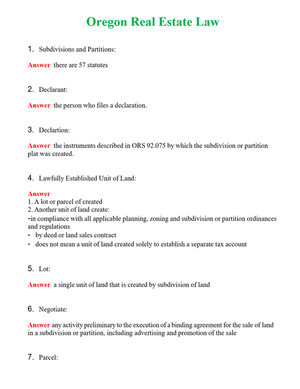 Oregon Real Estate Law Questions With Complete Grade A+ Answers