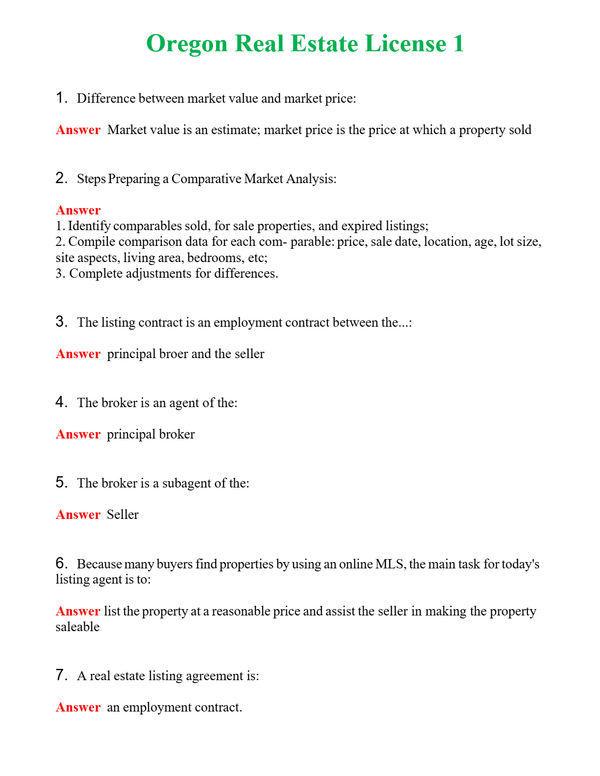 Oregon Real Estate License 1 Questions With Complete Grade A+ Answers