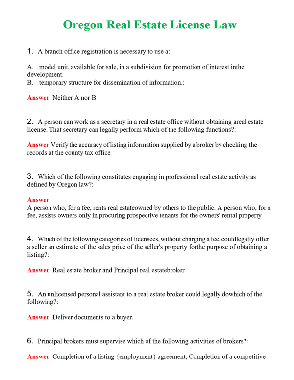Oregon Real Estate License Law Questions With Complete Grade A+ Answers