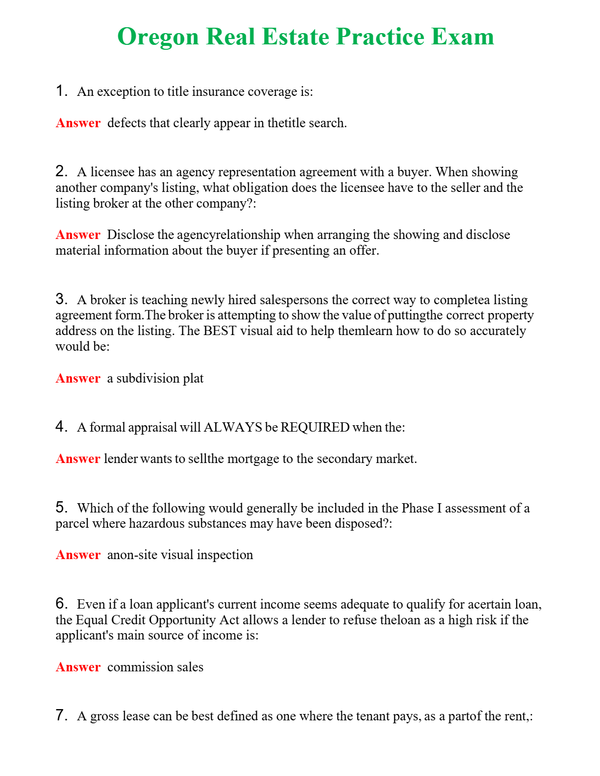 Oregon Real Estate Practice Exam Questions With Complete Grade A+ Answers