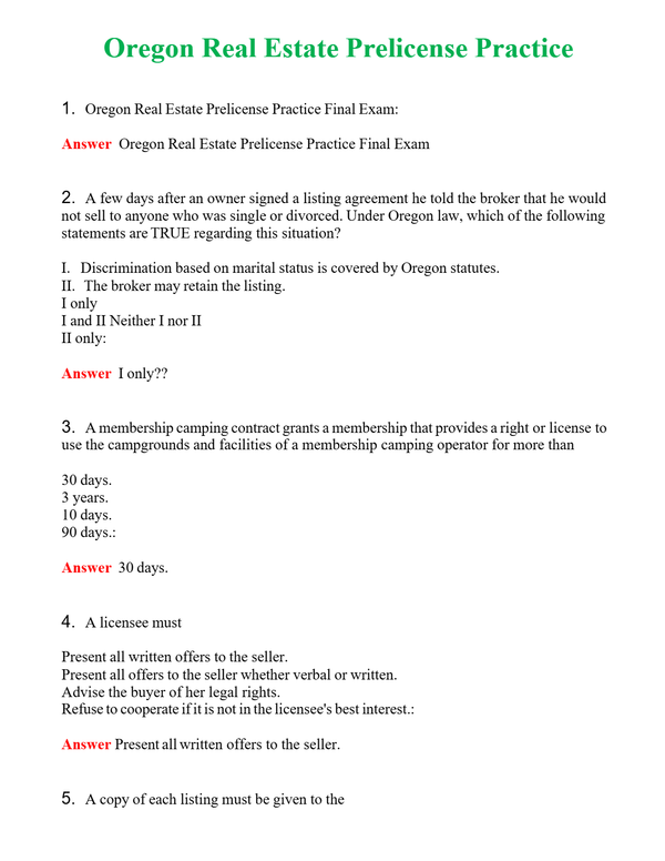 Oregon Real Estate Prelicense Practice Questions With Complete Grade A+ Answers