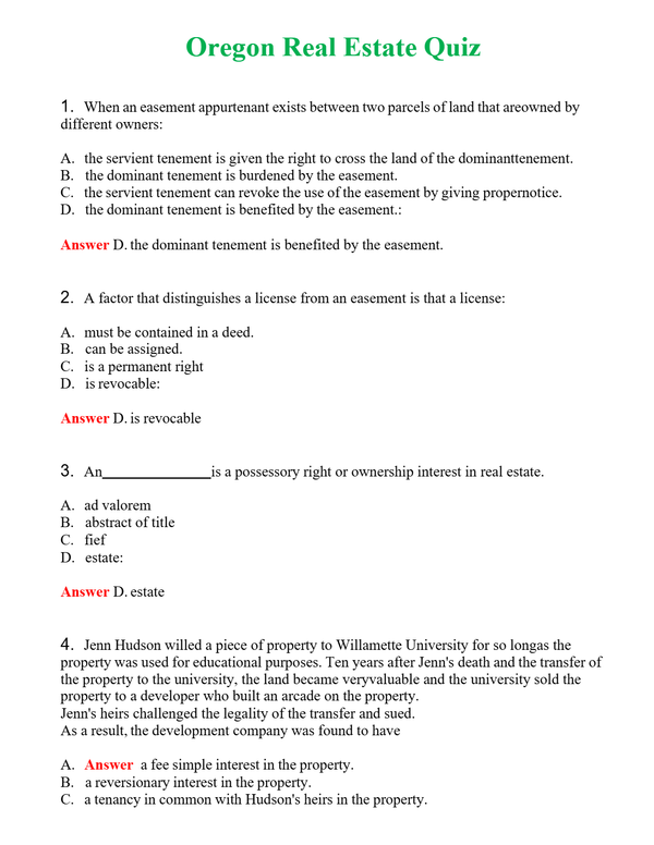 Oregon Real Estate Quiz Questions With Complete Grade A+ Answers