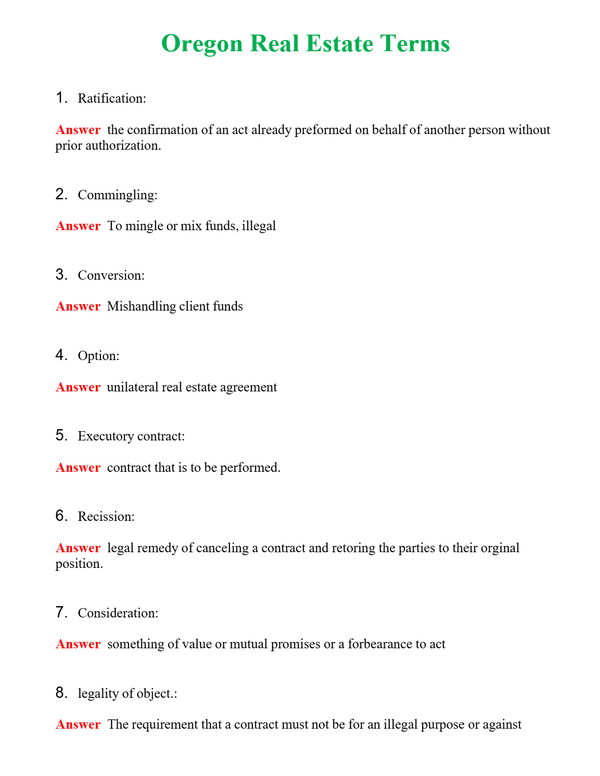 Oregon Real Estate Terms Questions With Complete Grade A+ Answers