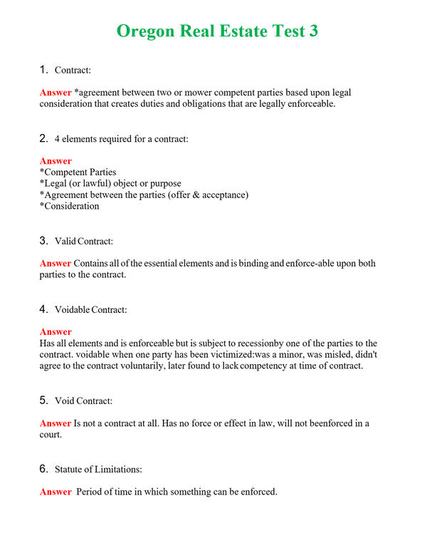Oregon Real Estate Test 3 Questions With Complete Grade A+ Answers