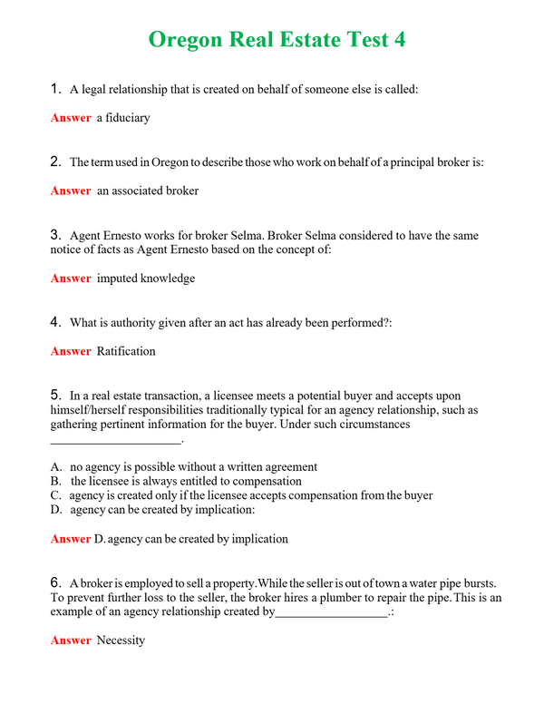 Oregon Real Estate Test 4 Questions With Complete Grade A+ Answers