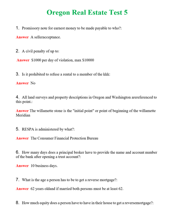 Oregon Real Estate Test 5 Questions With Complete Grade A+ Answers
