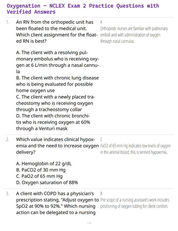 Oxygenation – NCLEX Exam 2 Practice Questions with Verified Answers