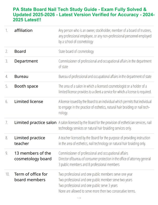 PA State Board Nail Tech Study Guide - Exam Fully Solved & Updated 2025-2026 - Latest Version Verified for Accuracy - 2024-2025 Latest!!