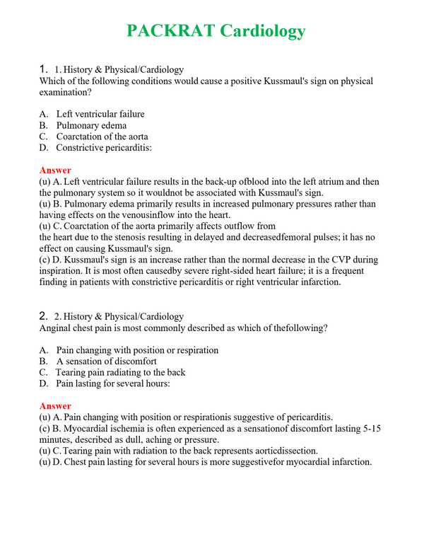 PACKRAT Cardiology | Actual Questions and Verified Answers ( Included ) 100% Correct