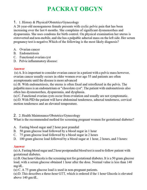 PACKRAT OBGYN | Actual Questions and Verified Answers ( Included ) 100% Correct