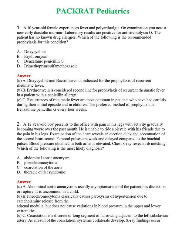 PACKRAT Pediatrics | Actual Questions and Verified Answers ( Included ) 100% Correct
