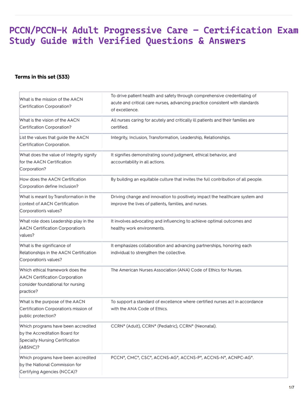PCCN/PCCN-K Adult Progressive Care – Certification Exam Study Guide with Verified Questions & Answers