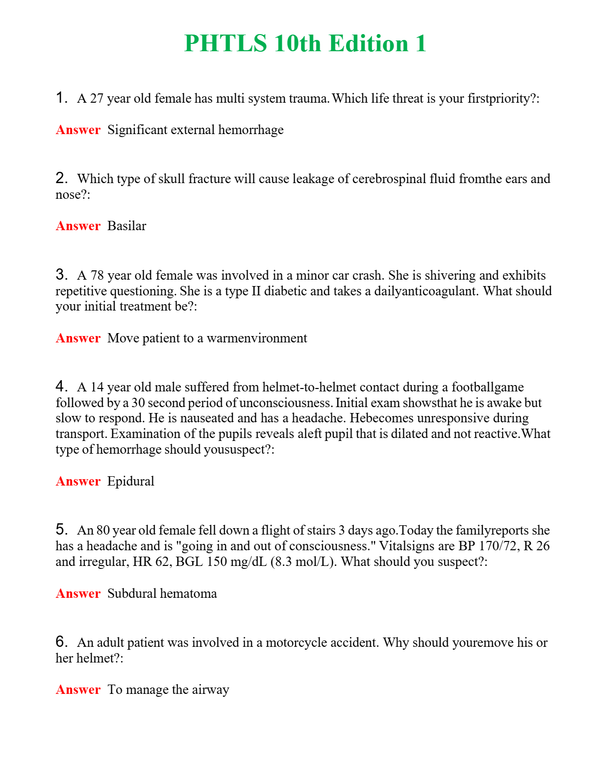 PHTLS 10th Edition 1 Questions With Complete Grade A+ Answers