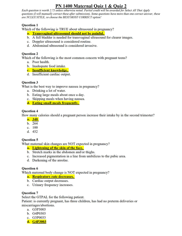 PN 1400 Maternal & Child Health Nursing – Quiz 1 & 2 Study Guide with Questions & Answers (Las Vegas College, 2025 Update)