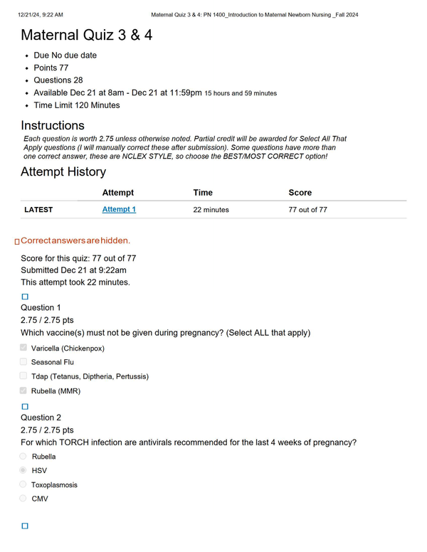 PN 1400 Maternal Newborn Nursing – Quiz 3 & 4 Study Guide with Questions & Answers (Fall 2024)