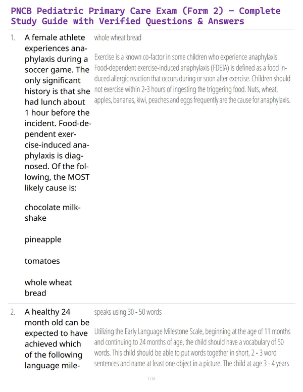 PNCB Pediatric Primary Care Exam (Form 2) – Complete Study Guide with Verified Questions & Answers