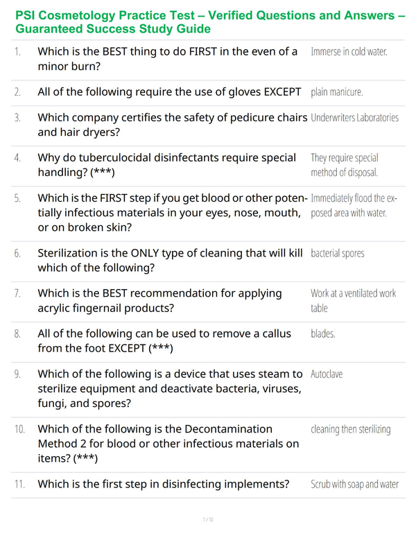 PSI Cosmetology Practice Test – Verified Questions and Answers – Guaranteed Success Study Guide