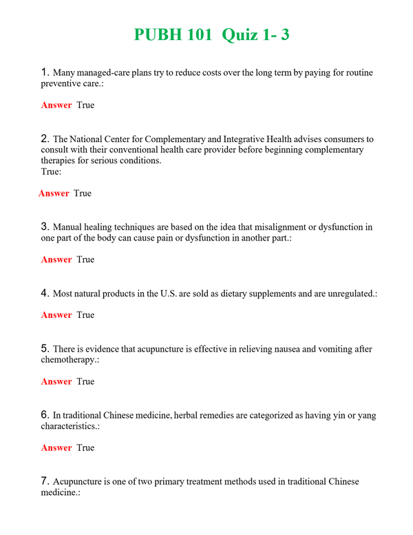 PUBH 101 Quiz 1- 3 | Actual Questions and Verified Answers ( Included ) 100% Correct