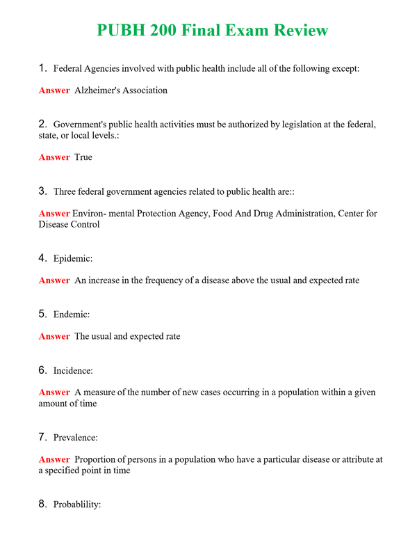 PUBH 200 Final Exam Review | Actual Questions and Verified Answers ( Included ) 100% Correct