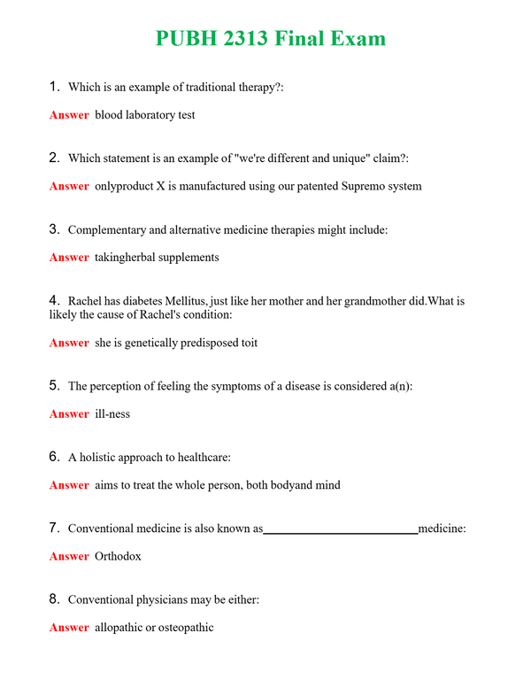 PUBH 2313 Final Exam | Actual Questions and Verified Answers ( Included ) 100% Correct