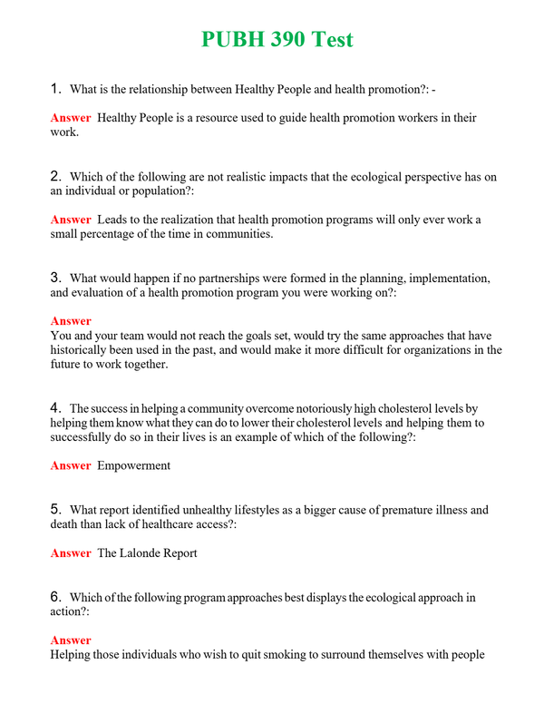 PUBH 390 Test | Actual Questions and Verified Answers ( Included ) 100% Correct