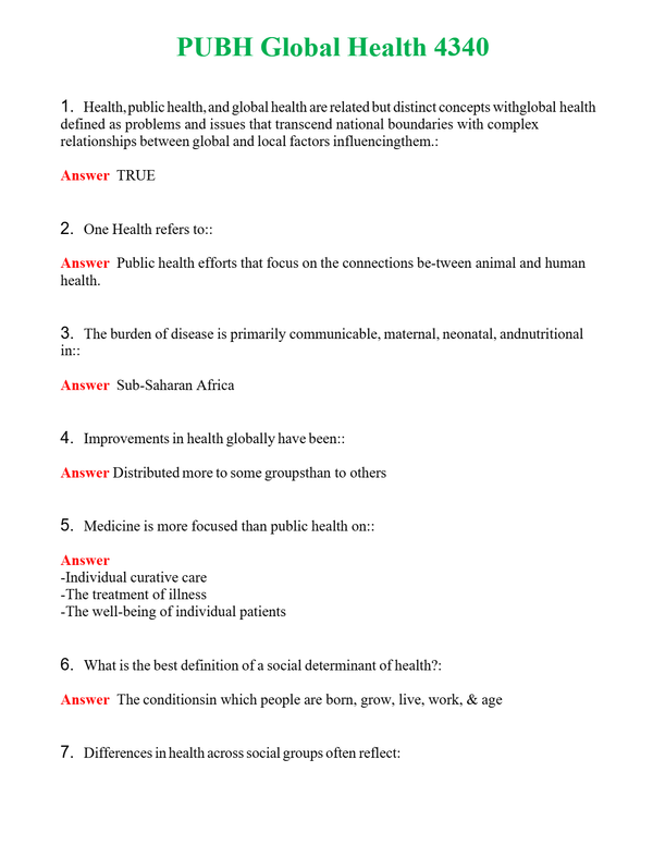 PUBH Global Health 4340 | Actual Questions and Verified Answers ( Included ) 100% Correct
