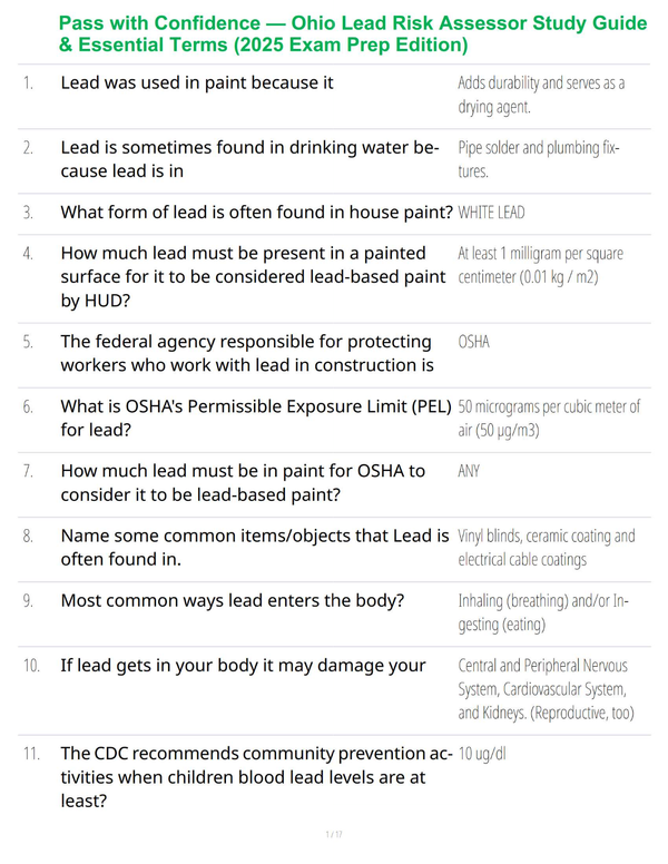 Pass with Confidence — Ohio Lead Risk Assessor Study Guide & Essential Terms (2025 Exam Prep Edition)