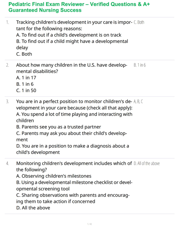 Pediatric Final Exam Reviewer – Verified Questions & A+ Guaranteed Nursing Success