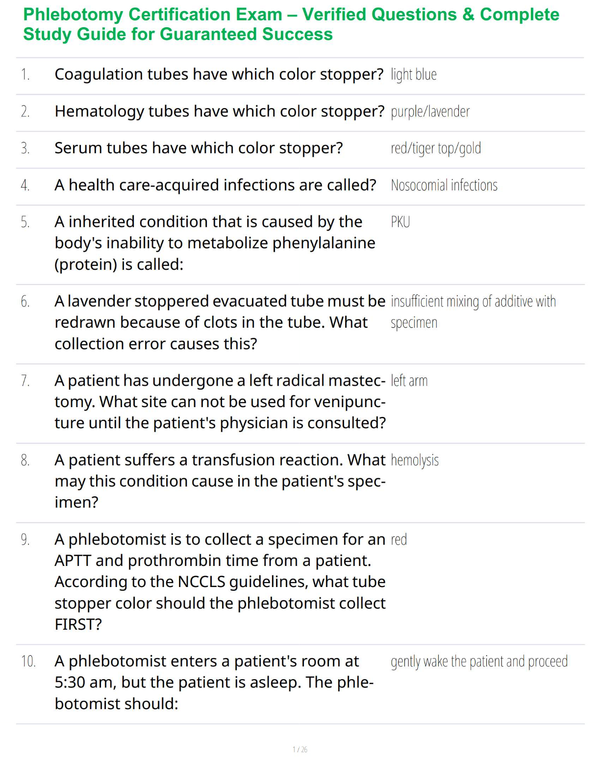 Phlebotomy Certification Exam – Verified Questions & Complete Study Guide for Guaranteed Success