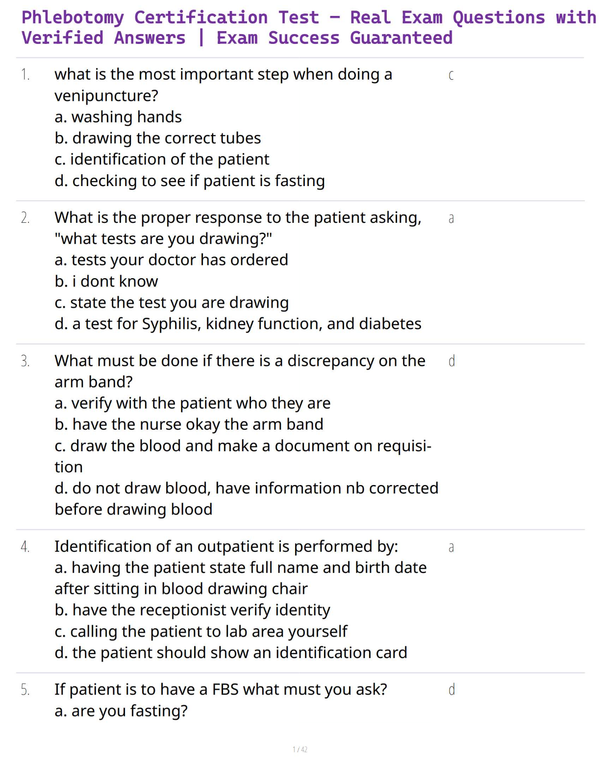 Phlebotomy Certification Test – Real Exam Questions with Verified Answers | Exam Success Guaranteed