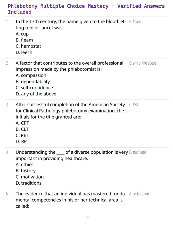 Phlebotomy Multiple Choice Mastery – Verified Answers Included