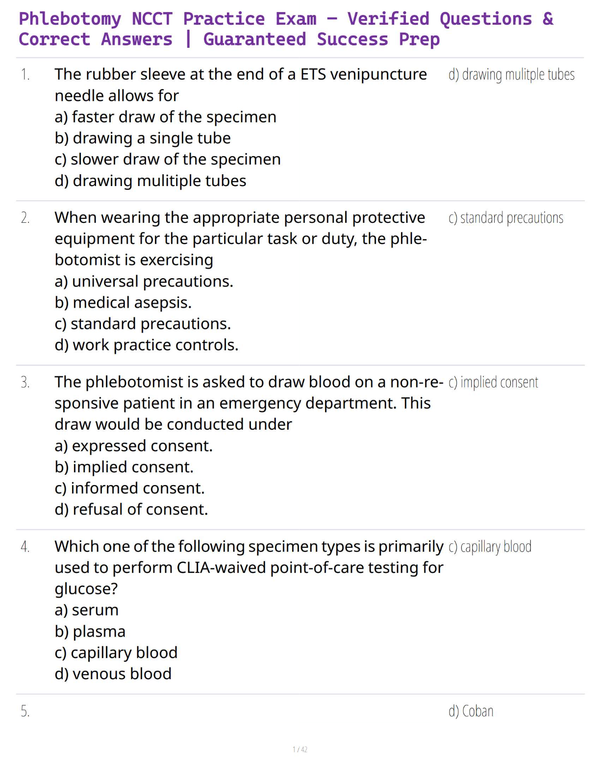 Phlebotomy NCCT Practice Exam – Verified Questions & Correct Answers | Guaranteed Success Prep