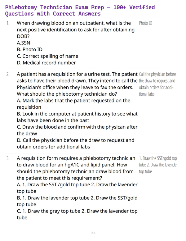Phlebotomy Technician Exam Prep – 100+ Verified Questions with Correct Answers