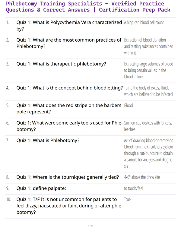 Phlebotomy Training Specialists – Verified Practice Questions & Correct Answers | Certification Prep Pack