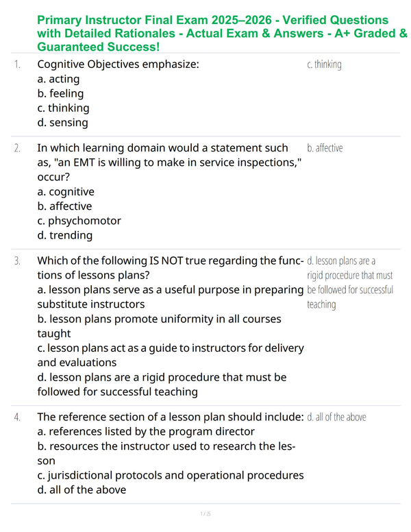 Primary Instructor Final Exam 2025–2026 - Comprehensive Questions & Verified Answers - Actual Exam Test - A+ Graded & Guaranteed Success!