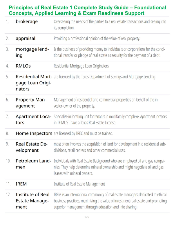 Principles of Real Estate 1 Complete Study Guide – Foundational Concepts, Applied Learning & Exam Readiness Support