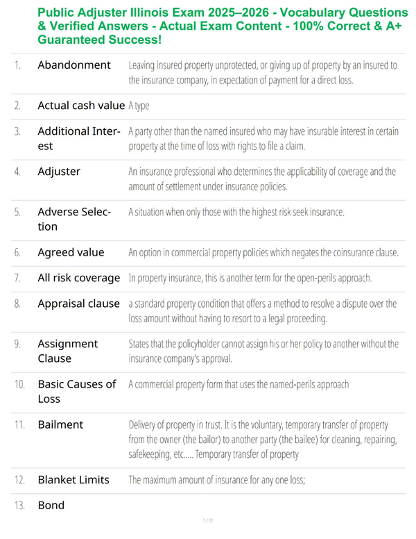 Public Adjuster Illinois Exam 2025–2026 - Vocabulary Questions & Verified Answers - Actual Exam Content - 100% Correct & A+ Guaranteed Success!