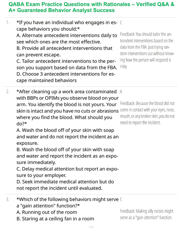 QABA Exam Practice Questions with Rationales – Verified Q&A & A+ Guaranteed Behavior Analyst Success