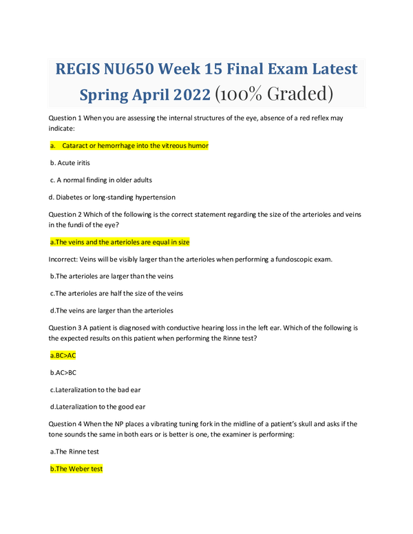 REGIS NU650/NU 650 Week 15 Final Exam Late Spring 2025 (100% Graded)