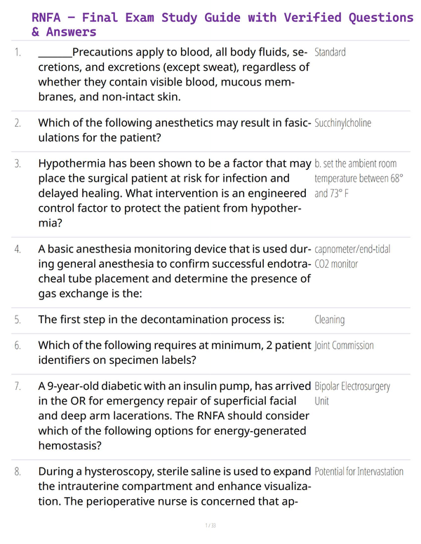RNFA – Final Exam Study Guide with Verified Questions & Answers