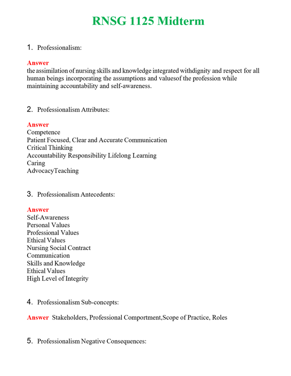 RNSG 1125 Midterm | Actual Questions and Verified Answers ( Included ) 100% Correct