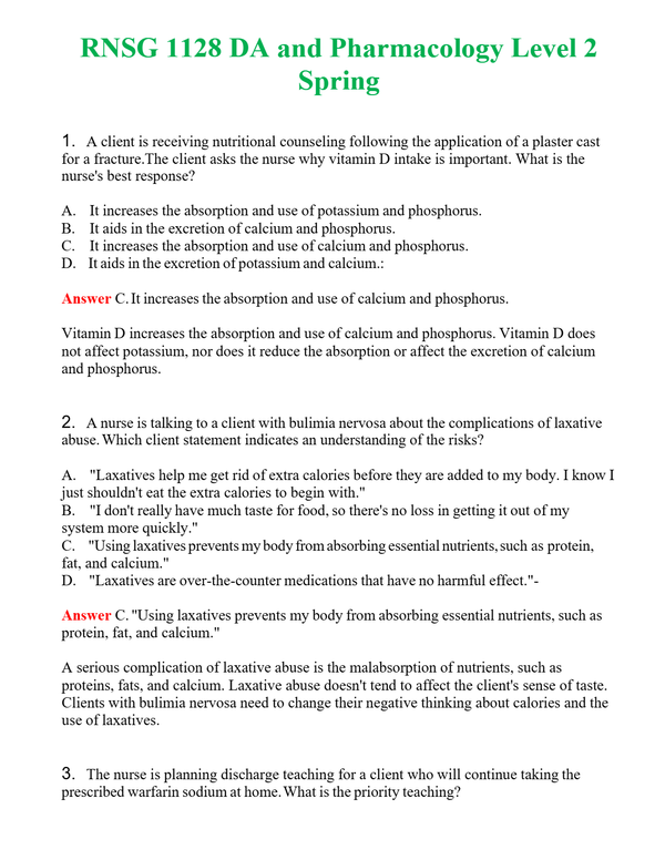 RNSG 1128 DA and Pharmacology Level 2 Spring | Actual Questions and Verified Answers ( Included ) 100% Correct