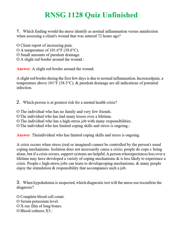 RNSG 1128 Quiz Unfinished | Actual Questions and Verified Answers ( Included ) 100% Correct