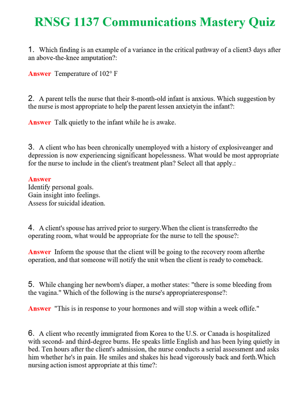 RNSG 1137 Communications Mastery Quiz | Actual Questions and Verified Answers ( Included ) 100% Correct