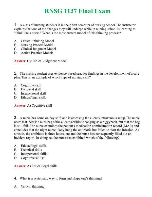 RNSG 1137 Final Exam | Actual Questions and Verified Answers ( Included ) 100% Correct