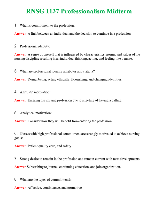 RNSG 1137 Professionalism Midterm | Actual Questions and Verified Answers ( Included ) 100% Correct