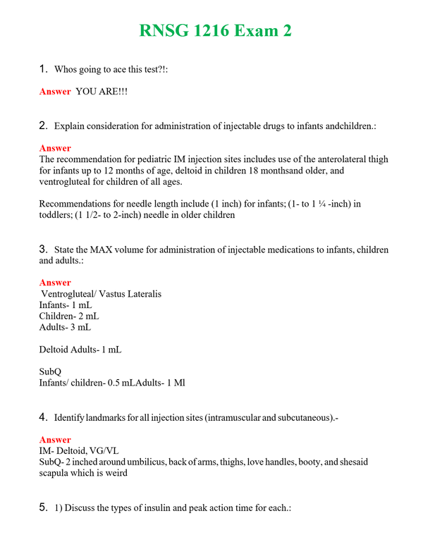 RNSG 1216 Exam 2 | Actual Questions and Verified Answers ( Included ) 100% Correct