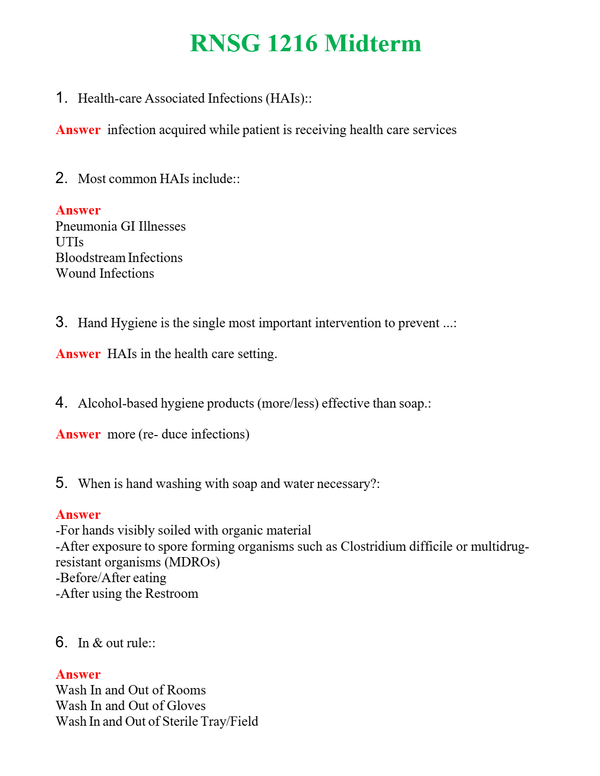 RNSG 1216 Midterm | Actual Questions and Verified Answers ( Included ) 100% Correct